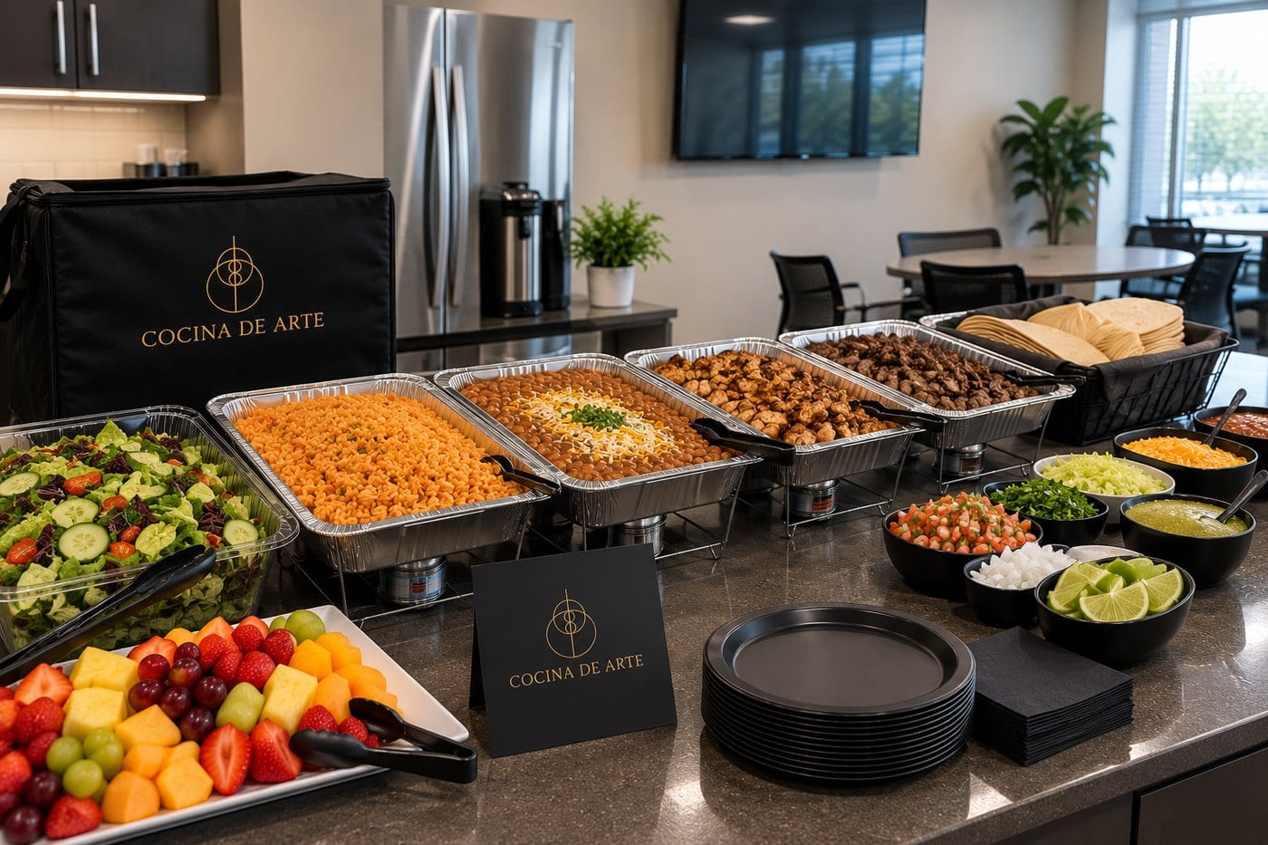 Corporate lunch buffet set up in an office kitchen