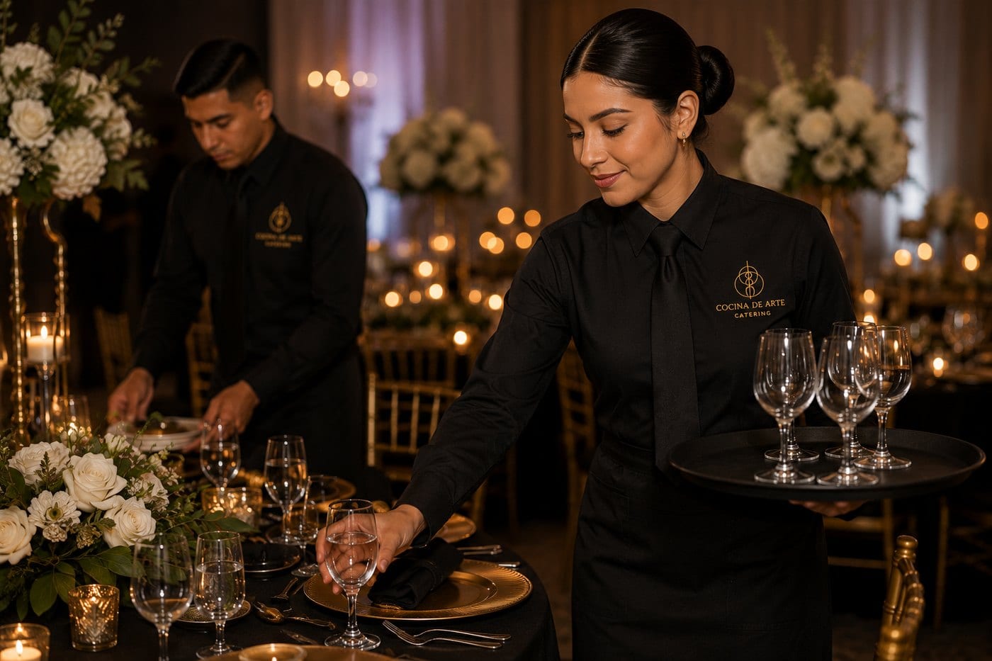 Professional event staff setting a table