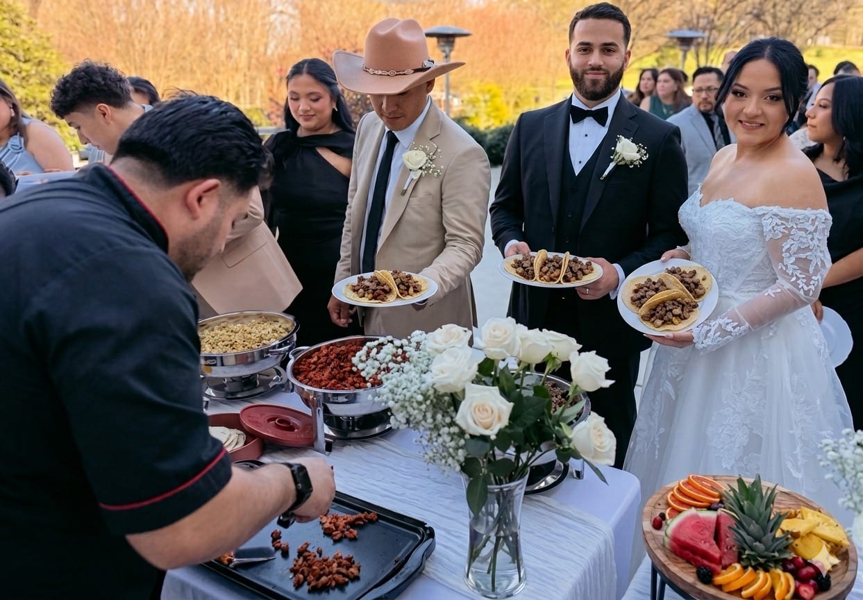 Bride and groom being served tacos by Cocina de Arte chefs